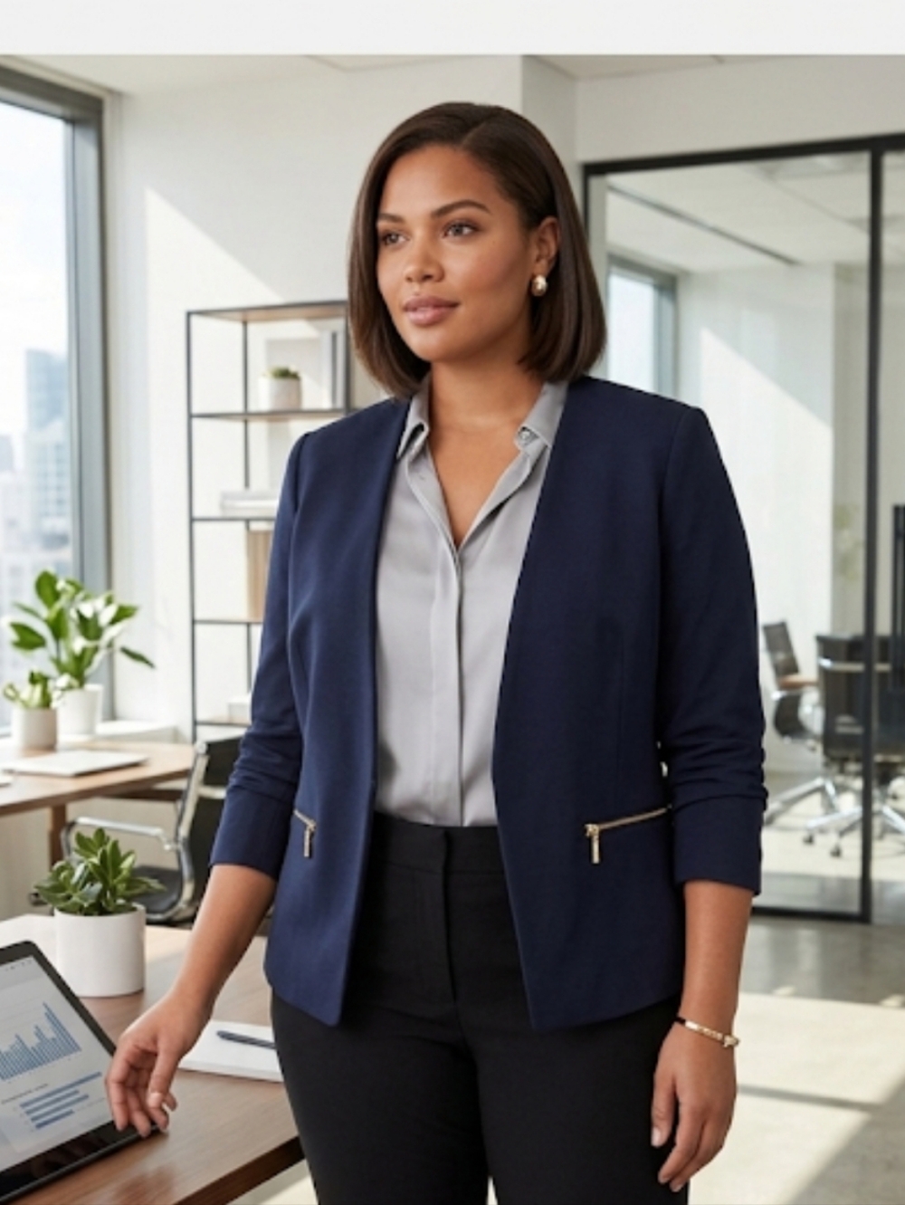 Michael Michael Kors Navy Zip-Pocket Open Front Women's Blazer